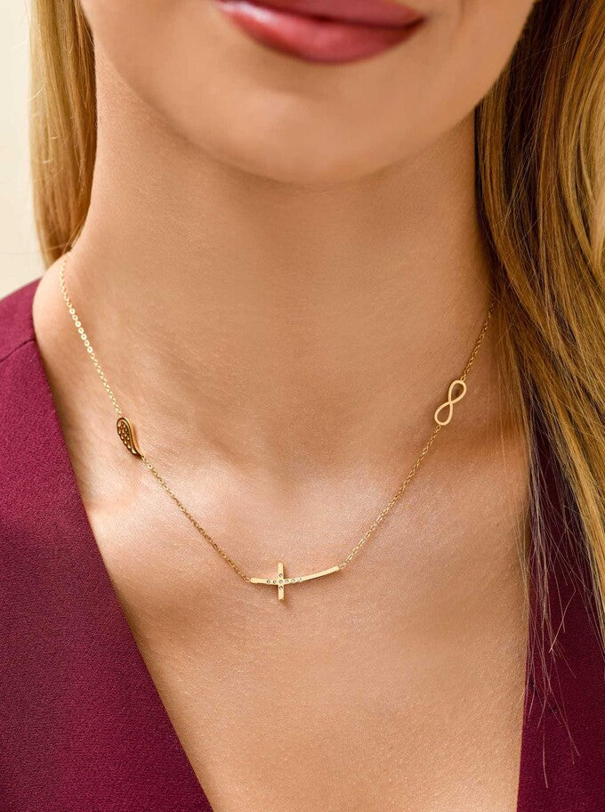 14k Gold Plated Crystals Cross Necklace with Infinity and Angel Wing