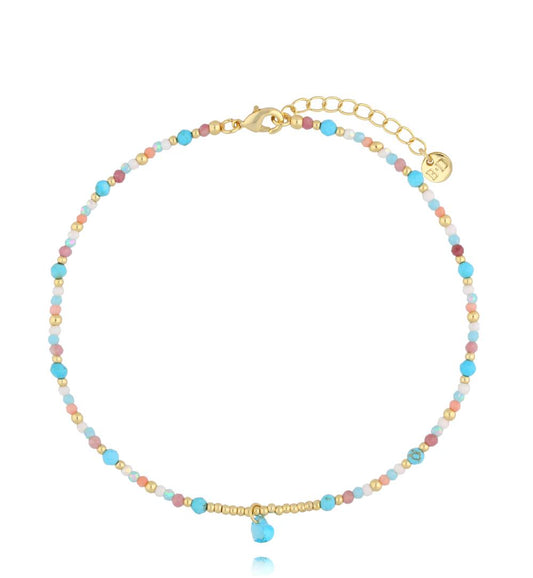 Pink Tourmaline & Turquoise Stones Anklet with Blue Heart