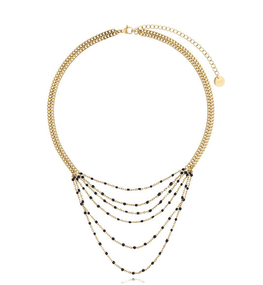 Gold Plated Cascading Necklace with Black Beads Itim
