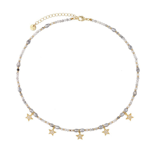 Choker Necklace with Hematite Stones and Gold Crystal Stars