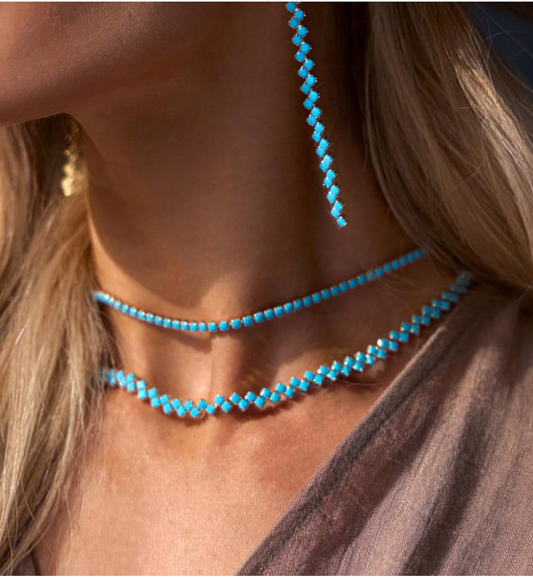 Turquoise Blue Two Row Tenis Crystals Necklace