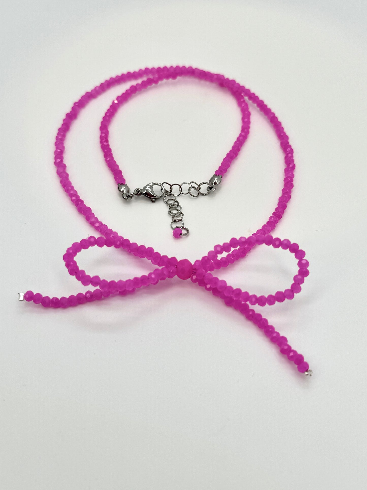 Luminous Pink Glass Crystals Bow Necklace