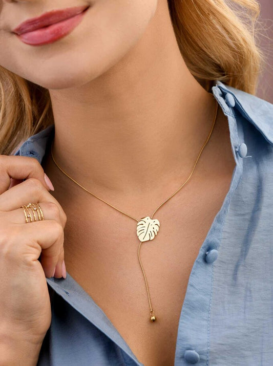 14k Gold Plated Monstera Leaf Y Necklace