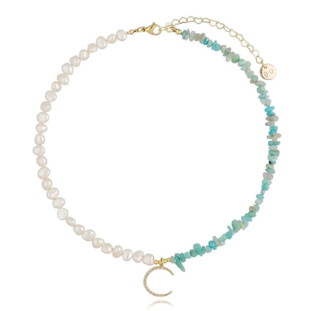 Half Turquoise Quartz and Half Pearls Necklace with Crystal Moon Pendant