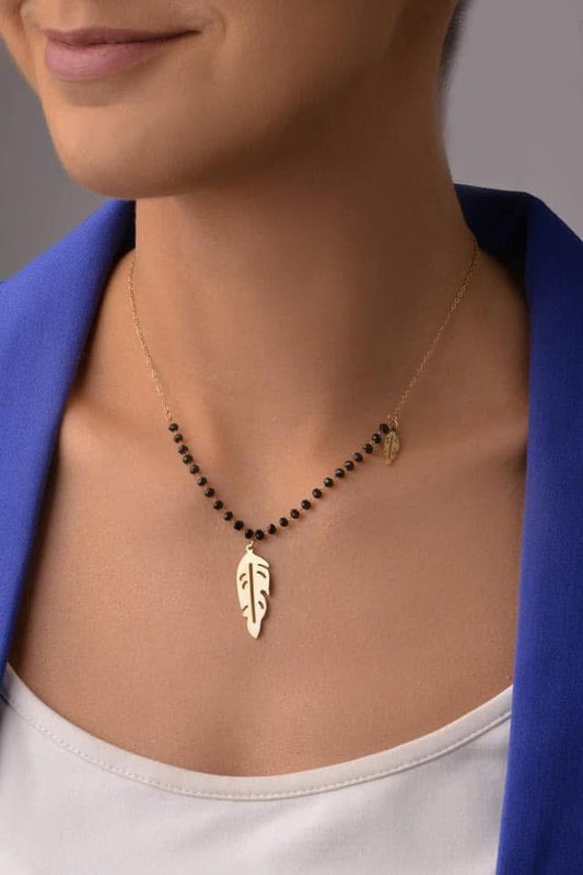 Gold Plated Feather Necklace with Black Crystals