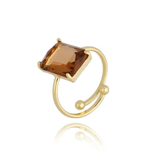 Gold Rectangle Clear Brown Self Adjustable Ring