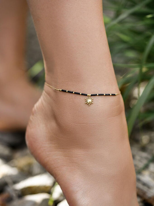 Gold Plated Anklet with Miyuki Beads and Gold Sun Pendant
