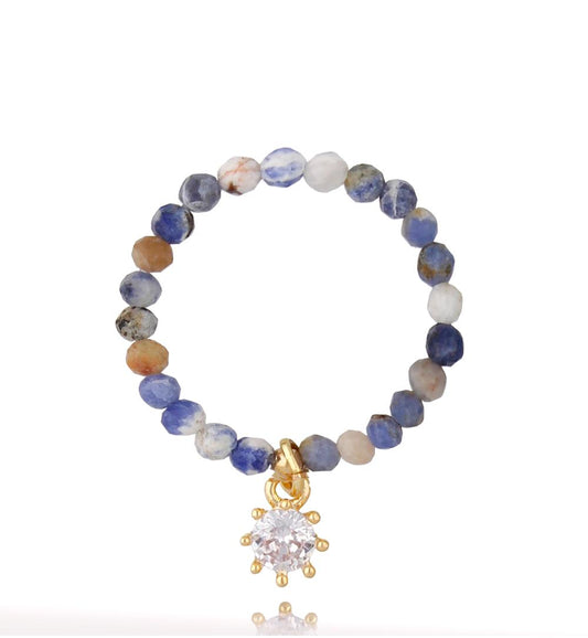 Labradorite Stones Elastic Ring with Zirconium Flower