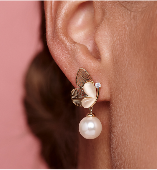 Gold Wings Butterfly Earrings with Pearl 0201
