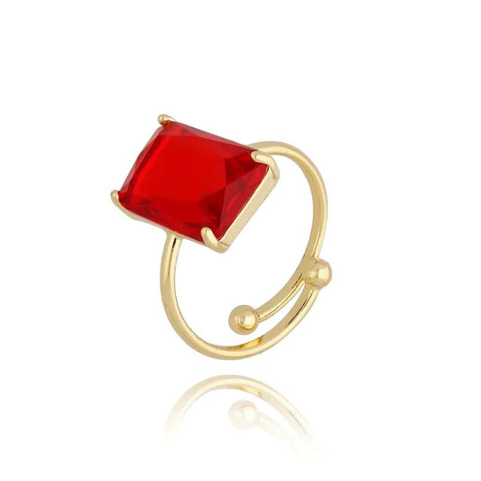 Gold Rectangle Clear Red Self Adjustable Ring
