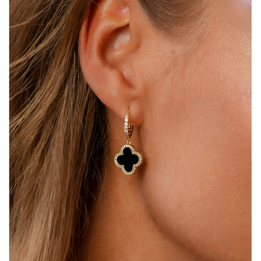 Zirconium Hoop Earrings with Black Enamel Clover and Crystals