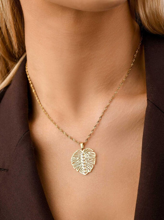 14k Gold Plated Monstera Leaf Necklace with Pearls