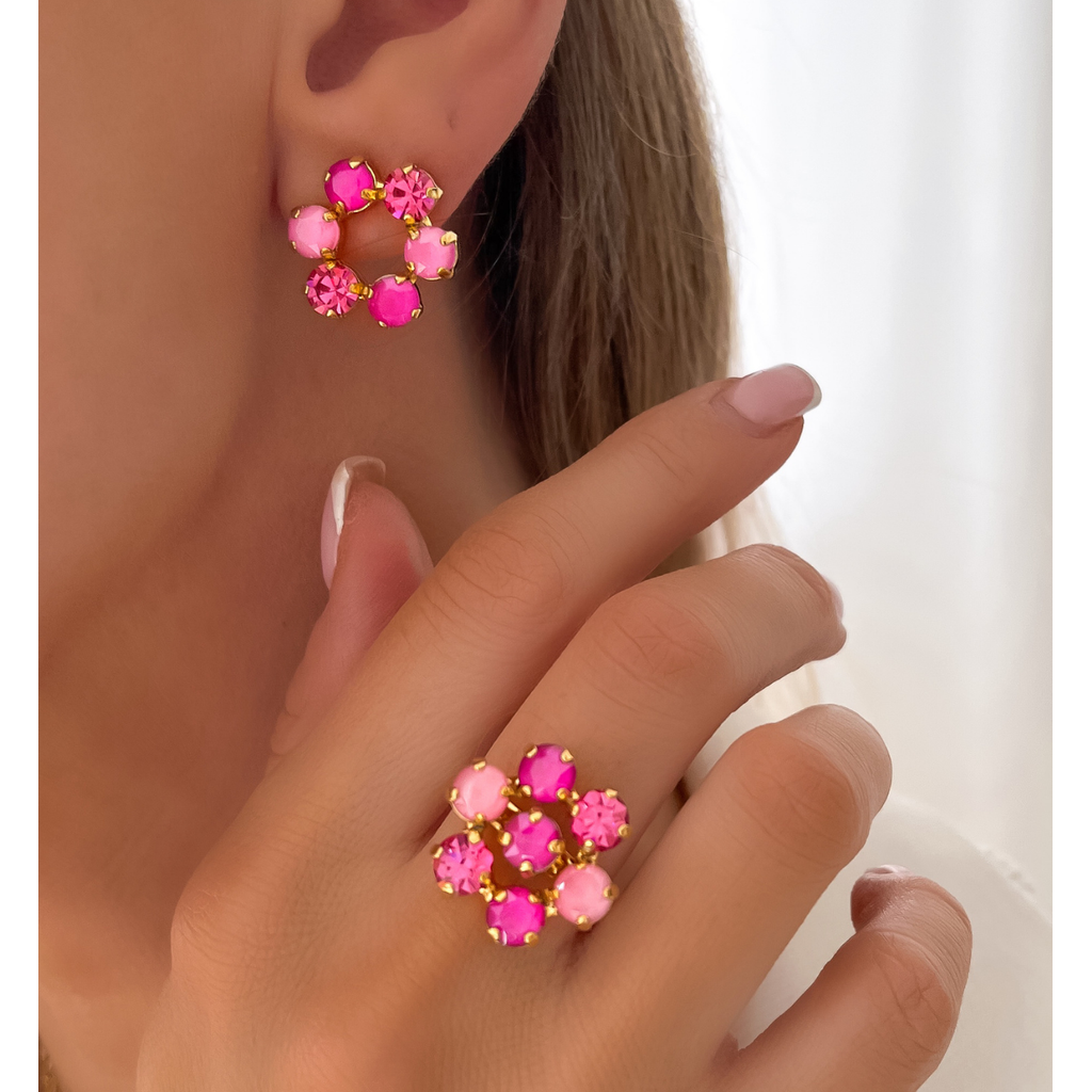 Shining Pink & Fuchsia Crystals Flower Earrings