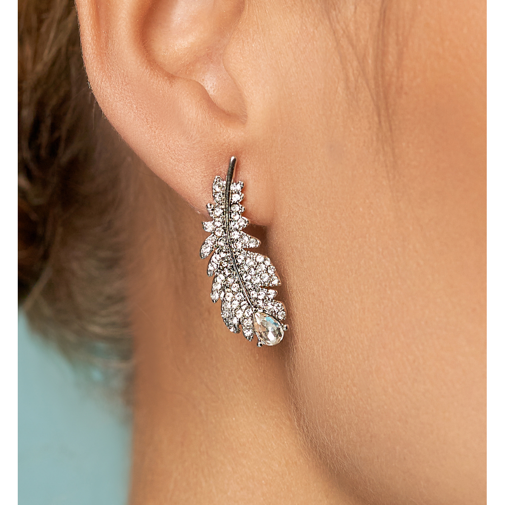 Crystals Feather Earrings with Silver Finishing