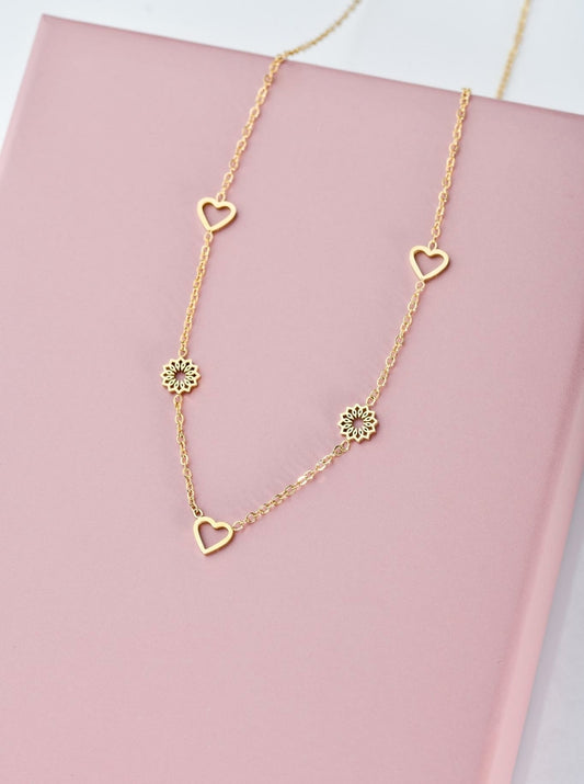 14k Gold Plated Necklace with Hearts & Flowers