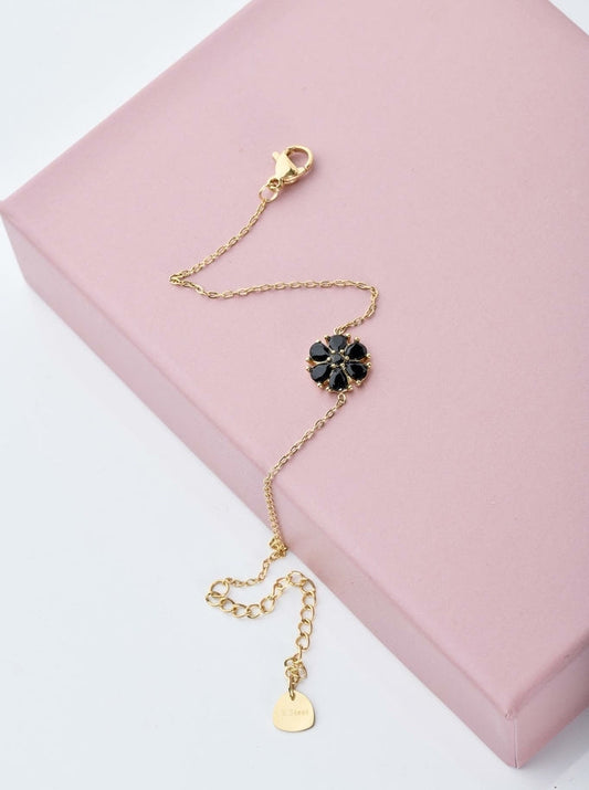 14k Gold Plated Flower Bracelet with Black Crystal