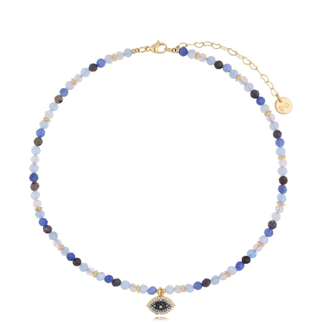 Blue Natural Stones Necklace with Crystals Evil Eye Pendant