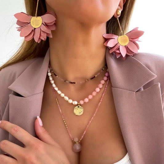 Dusty Pink Satin Sunflower Earrings with Gold Finishing