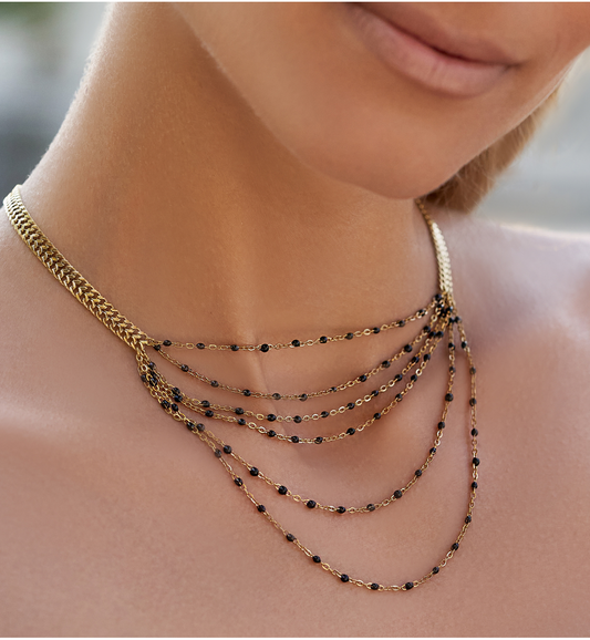 Gold Plated Cascading Necklace with Black Beads Itim