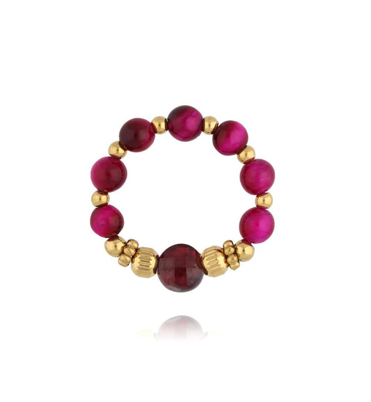 Gold Plated Pomegranate and Tiger’s Eye Stones Elastic Ring 0716