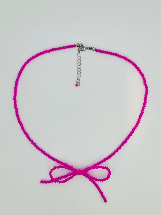 Luminous Pink Glass Crystals Bow Necklace