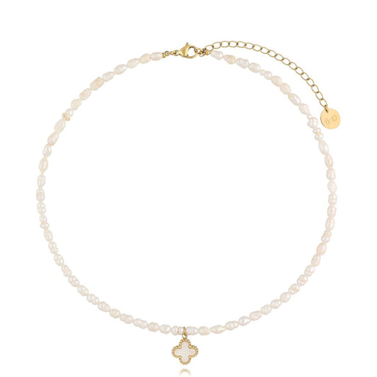 Gold Plated Freshwater Pearl Necklace with Clover