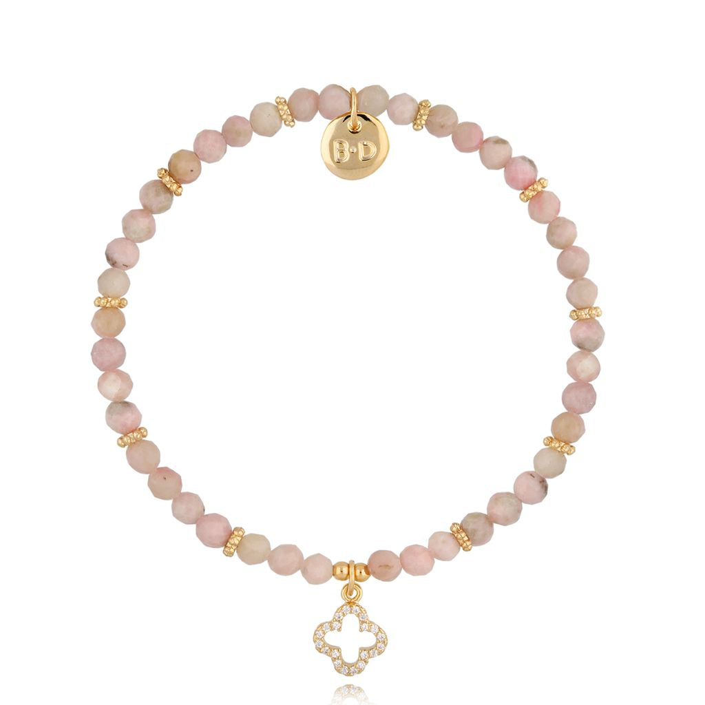 Pink Opal Stones Bracelet with Crystal Clover Pendant