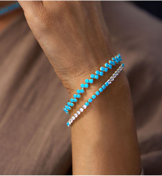 Turquoise Blue Two Row Tenis Crystals Bracelet