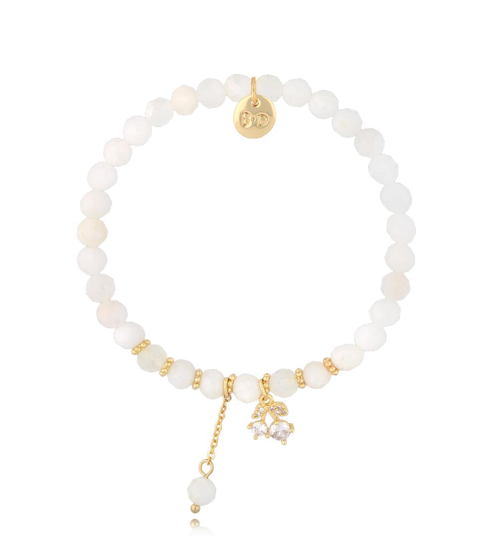 White Moon Stone Bracelet with Crystal Cherry and Chain Pendant