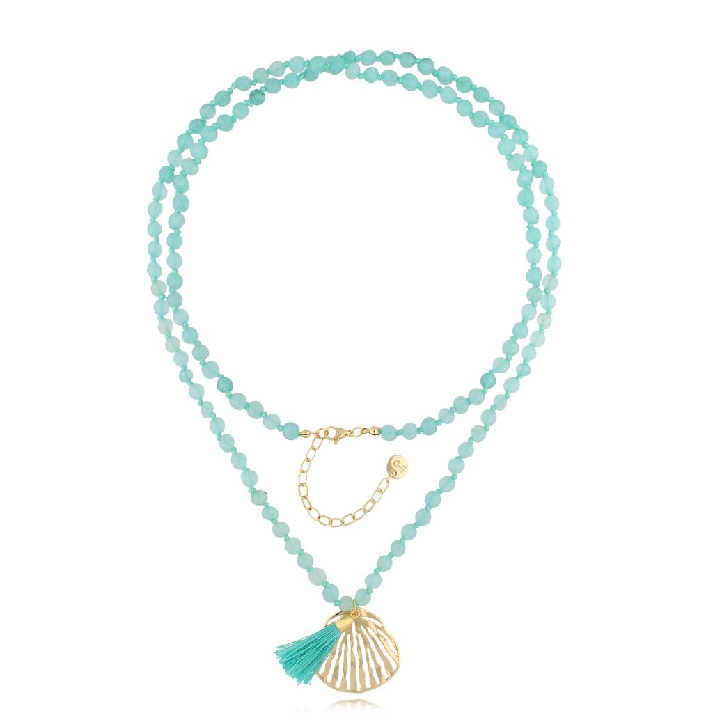 Turquoise Jadeite Stones Necklace with Fringe and Gold Shell Pendant