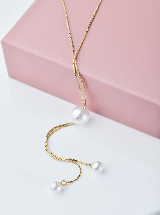 14k Gold Plated Lariat Necklace with Pearls