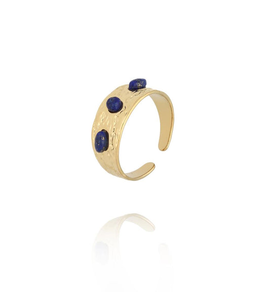 Gold Plated Adjustable Crown Ring with Lapis Lazuli Stones 0089