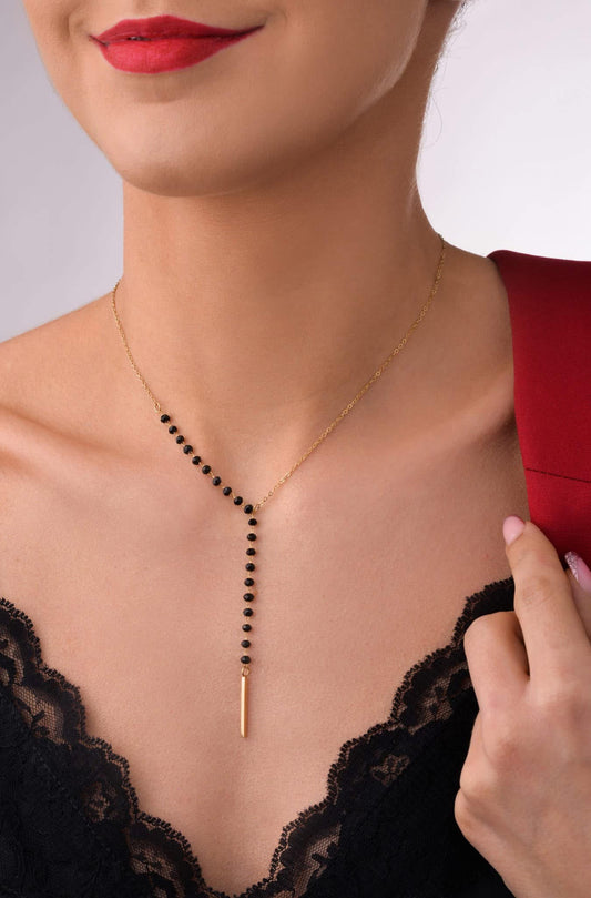 Gold Plated One Side Black Crystals Y Necklace