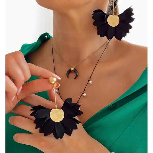 Black Satin Sunflower Earrings with Gold Finishing