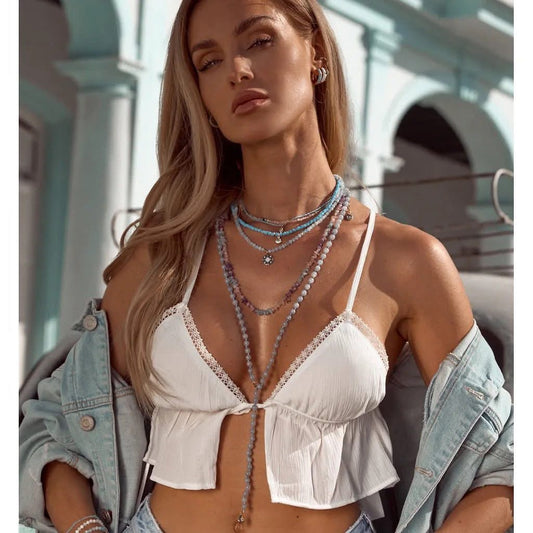 Aquamarine Stones Long Necklace with Teardrop Pendnt (CL)