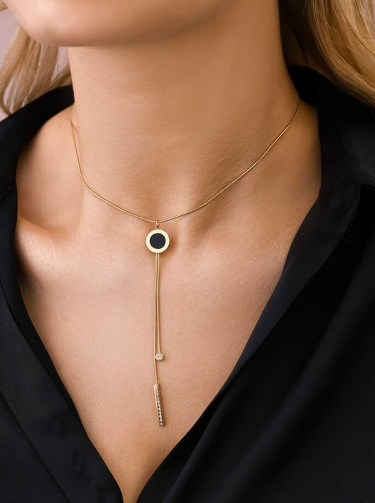 Glamour 14k Gold Plated Y Necklace with Black Enamel Pendant and Crystals