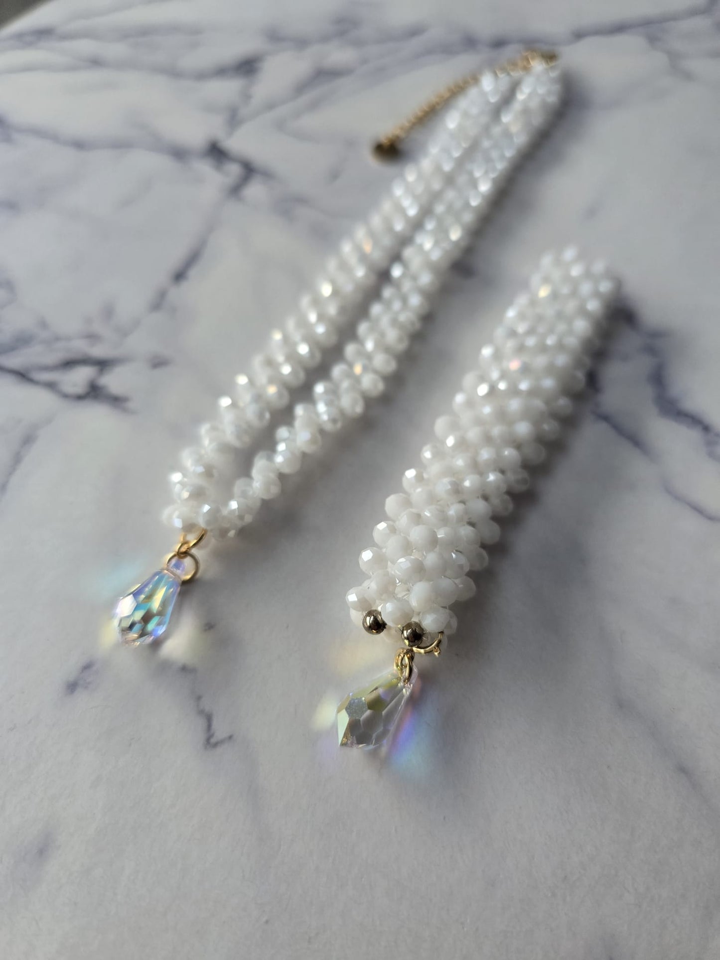 3 Row Glamour White Luminous Crystals Choker with Swarovski Crystal Teardrop