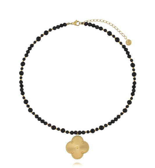 Gold Plated Necklace with Black Tourmaline Stones and Clover