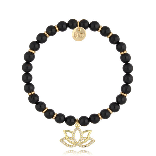 Black Tourmaline Stones Bracelet with Crystals Lotus Flower