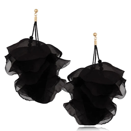 Multi Layer Silk Flower Earrings in Black