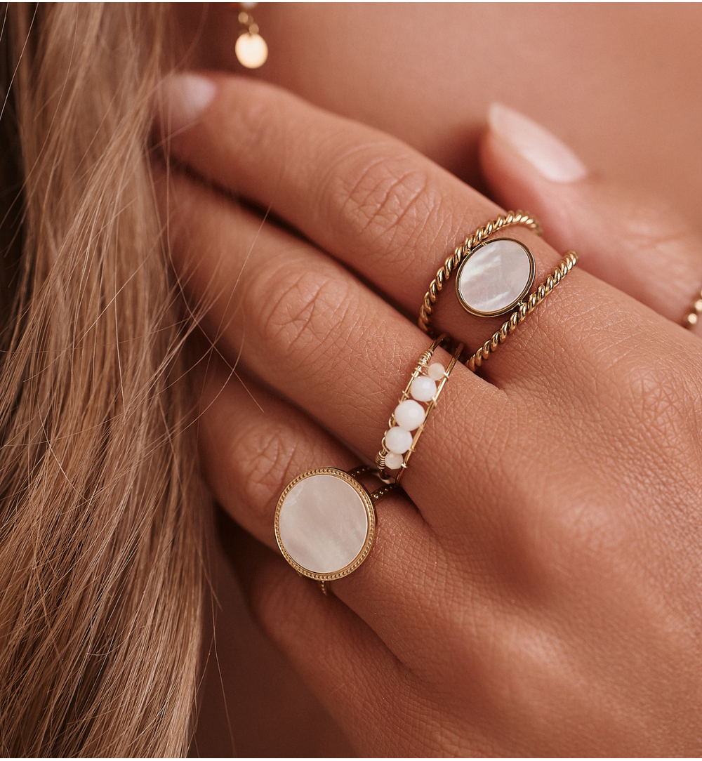 Gold Plated Adjustable Ring with White Pearls 0023