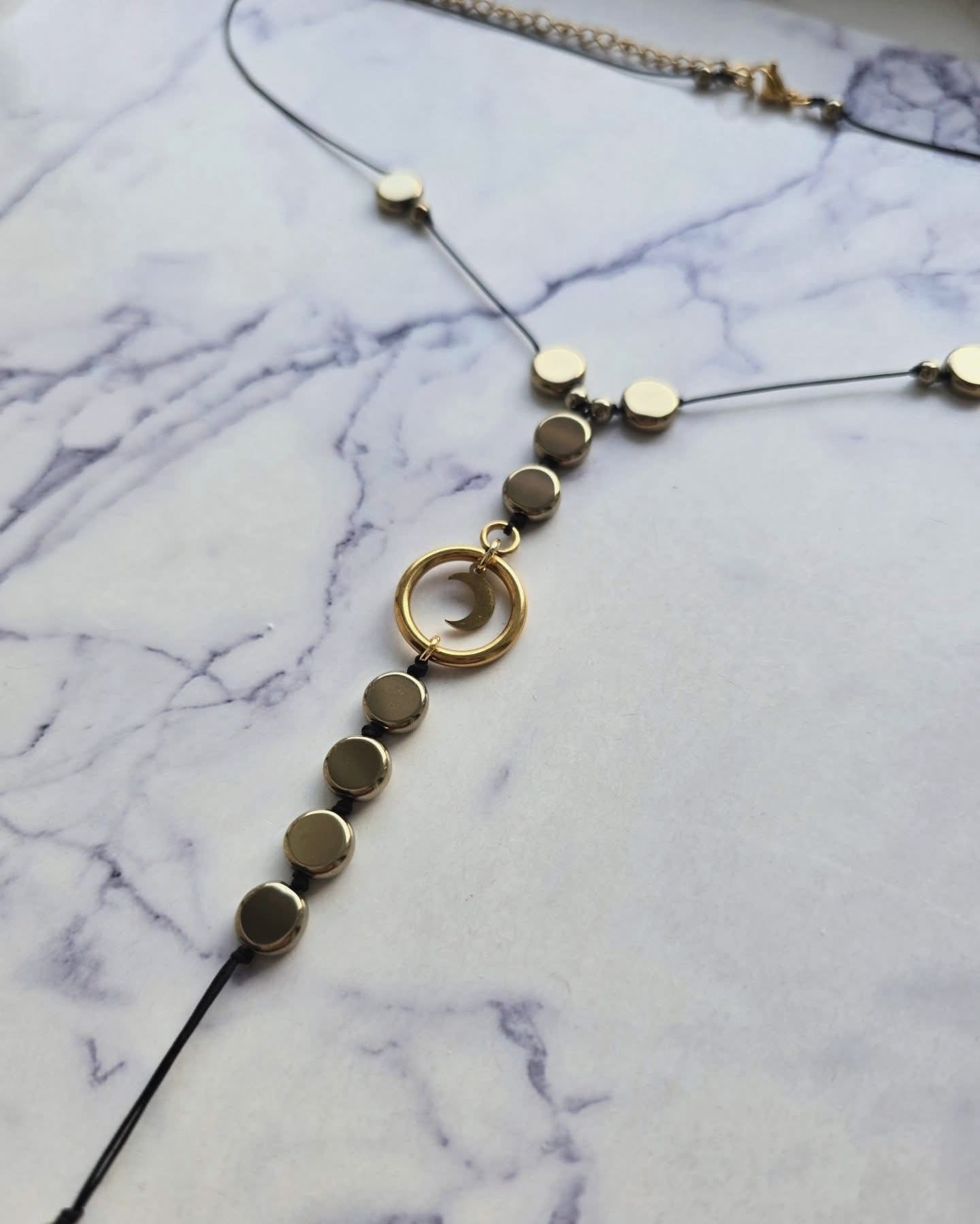 Sexy Allure Gold Round Hematite Body Rope Necklace with Moon