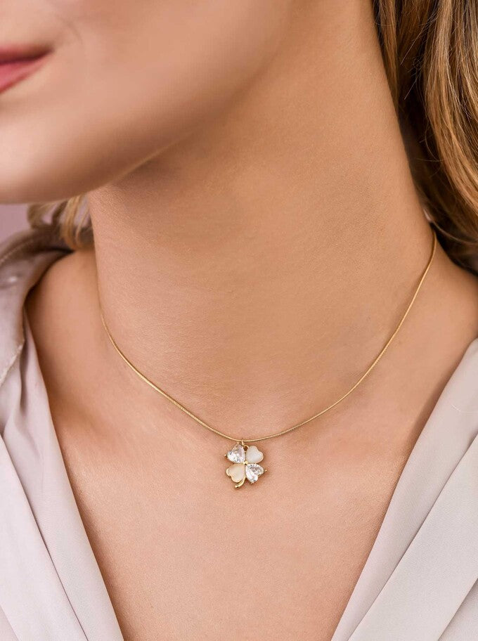 14k Gold Plated Clover Necklace with Acrylic and Crystal Stones