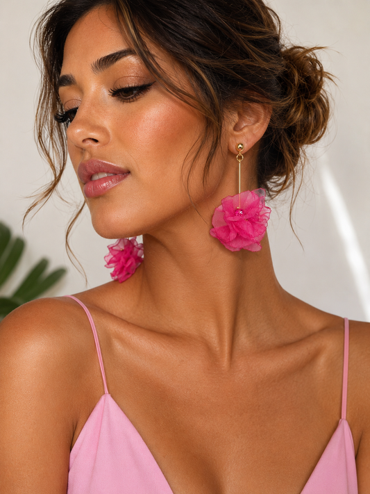 Pink Silk Flower Earrings Summer