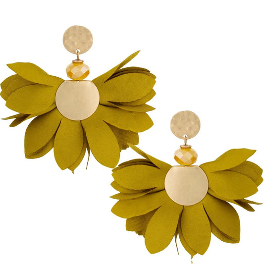 Olive Green Satin Flower Earrings with Harvest Gold Finishing