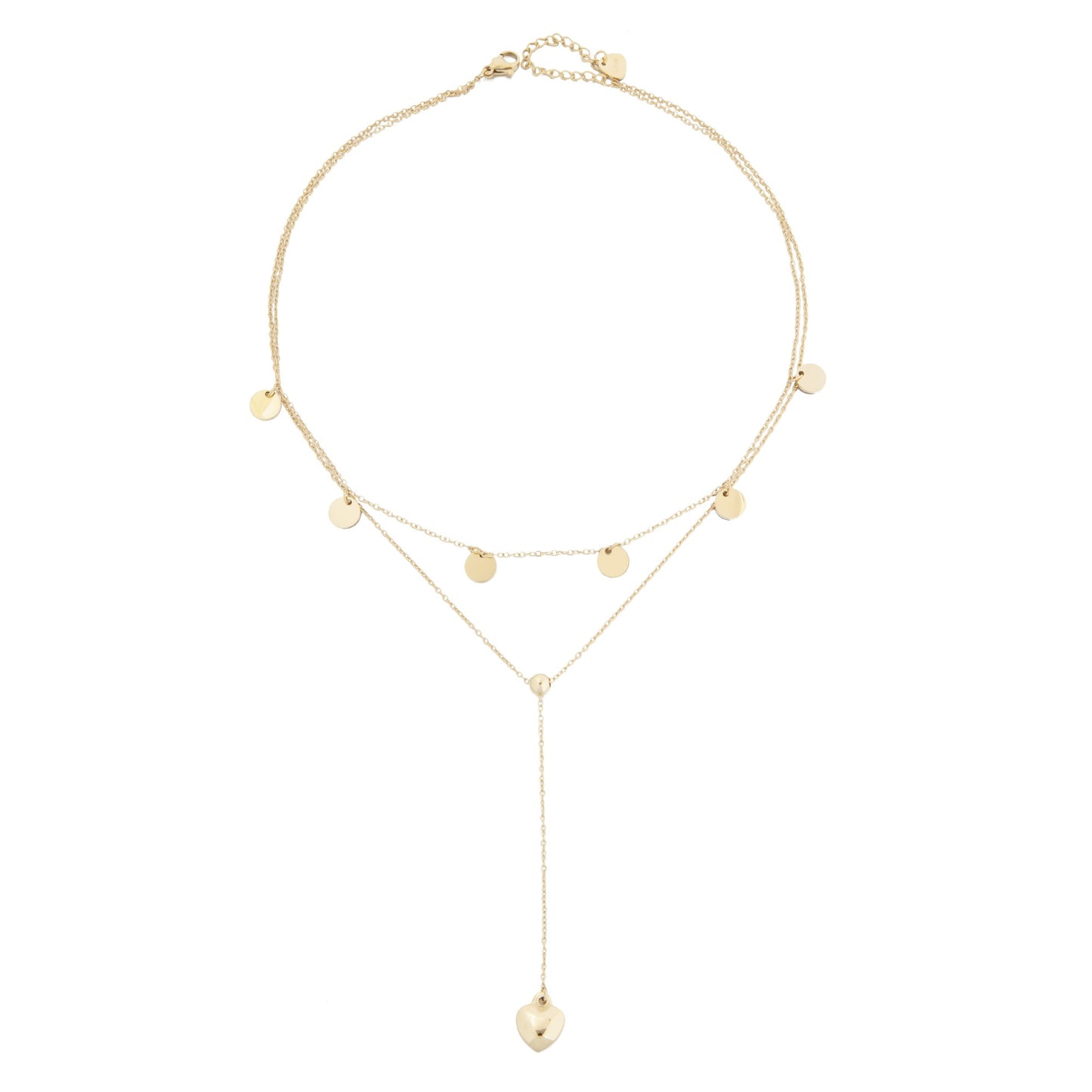 14k Gold Plated Double Chain Lariat Necklace with Heart Pendant