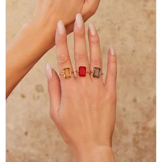 Gold Rectangle Clear Brown Self Adjustable Ring