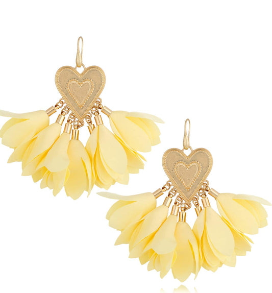 Yellow Satin Heart Flower Earrings with Gold Finishing