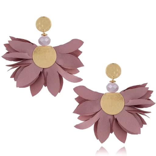 Klamata Purple Satin Flower Earrings with Harvest Gold Finishing