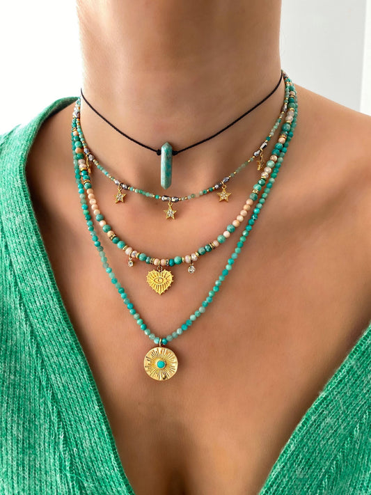 White and Turquoise Necklace with Heart Evil Eye Pendant